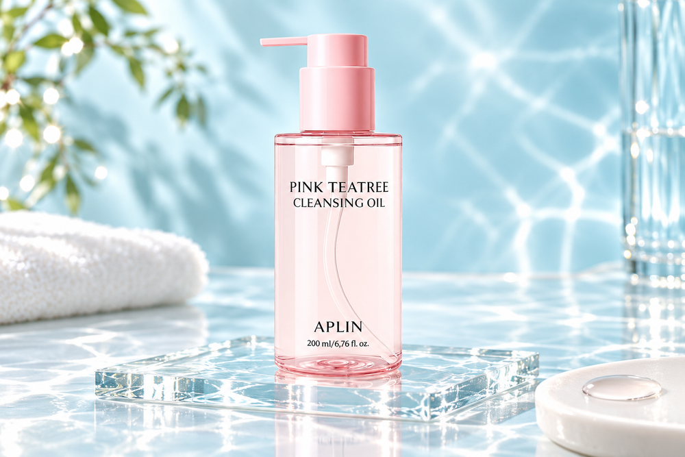 APLIN Pink Tea Tree Cleansing Oil in a fresh aqua studio setting
