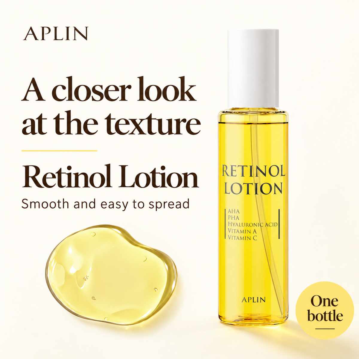 APLIN Retinol Lotion bottle and its yellow gel-like texture, smooth and easy to spread.