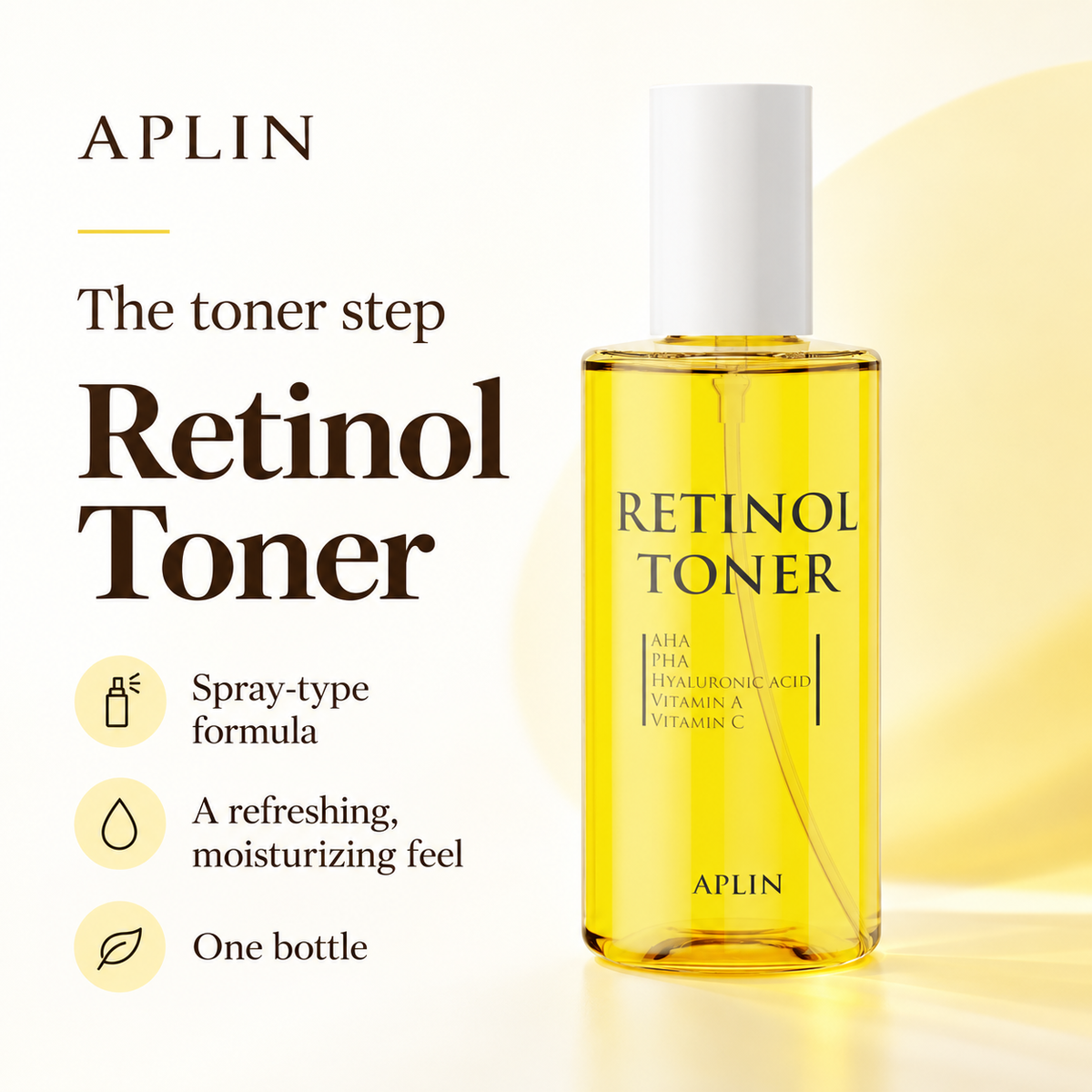 APLIN Retinol Toner product details showing the original bottle and spray-type formula.