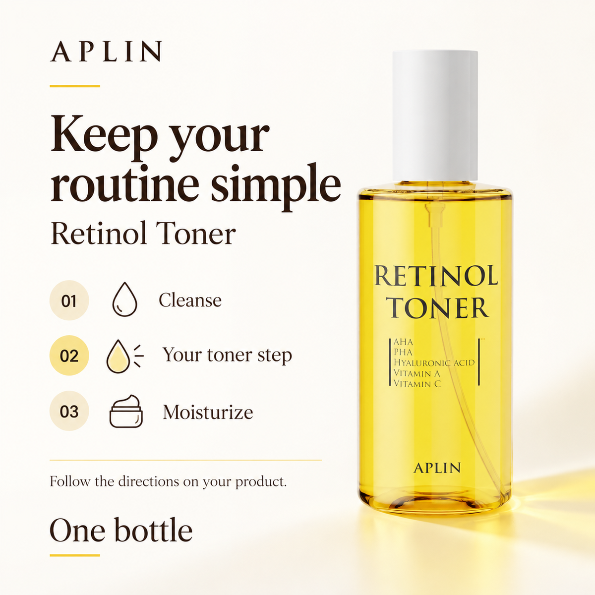 APLIN Retinol Toner shown as the toner step between cleansing and moisturizing; follow product directions.